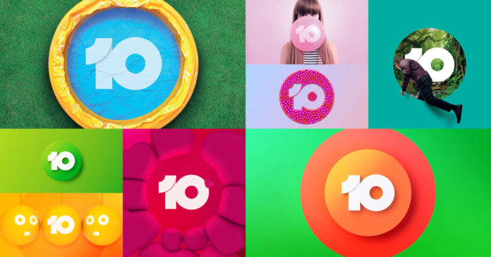 Various versions of the colourful Channel 10 logo used in Australia since 2018.