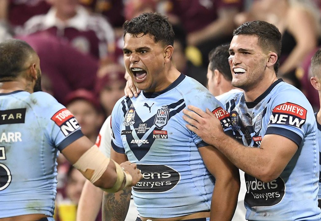 Latrell Mitchell celebrates a try in game 1 of the 2021 STATE OF ORIGIN series (image - Nine)