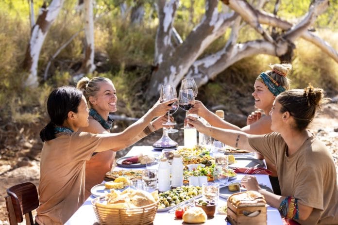 Wai, Cara, Flick and Dani enjoy the Italian feast reward on AUSTRALIAN SURVIVOR (image - Nigel Wright/10)