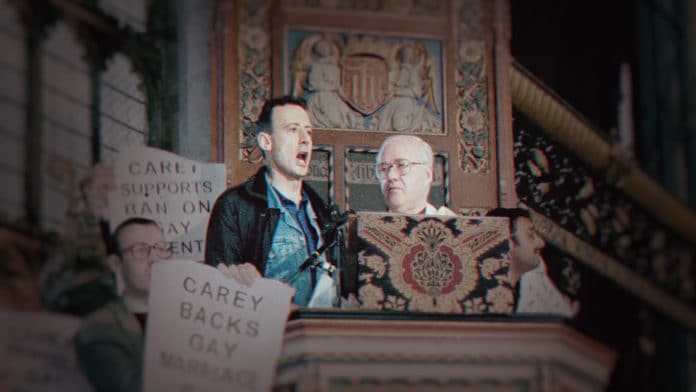 Peter Tatchell protesting at the Archbishop of Canterbury’s Easter Sermon in the Westminster Cathedral in 1998 (image - Adrian Arbib)