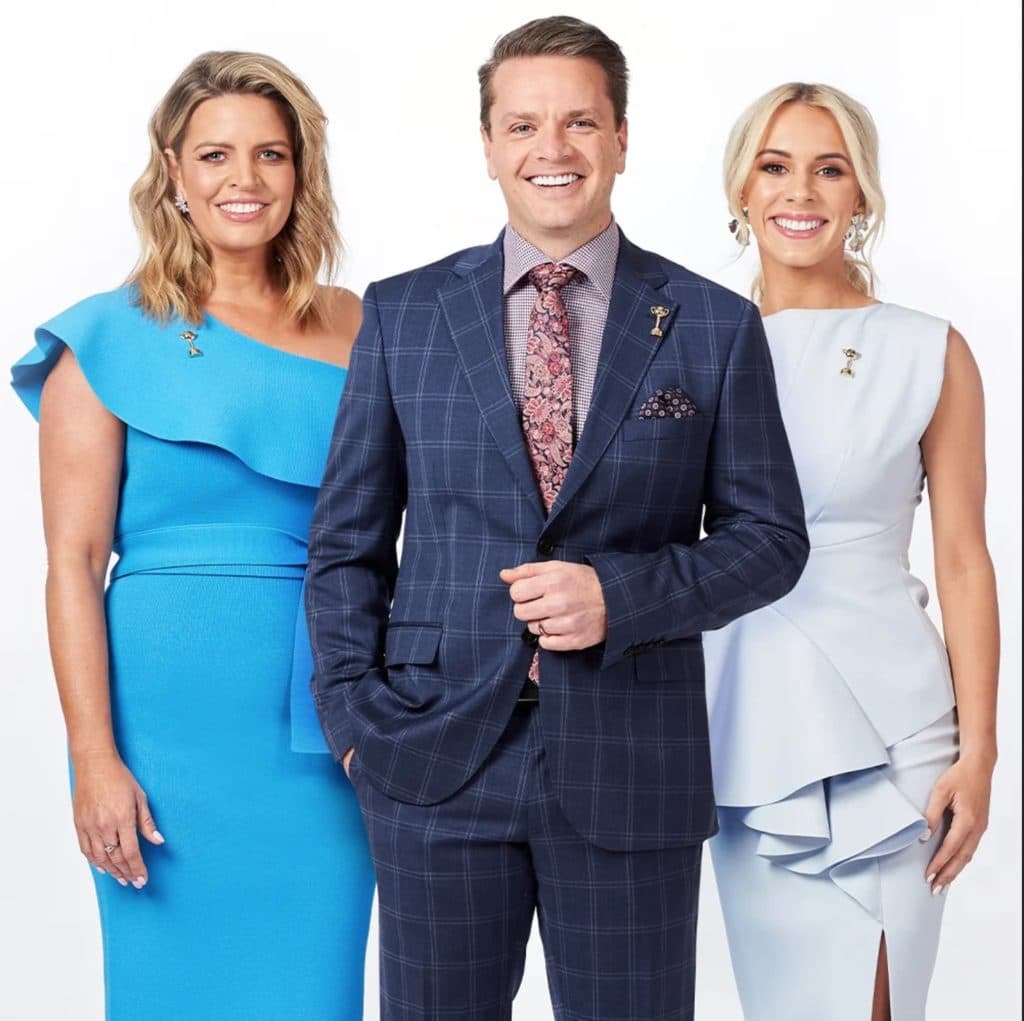 Michael Felgate saddles up to host the four-day racing spectacular alongside racing presenter Caty Price, and mounting yard expert Brittany Taylor (image - Channel 10)