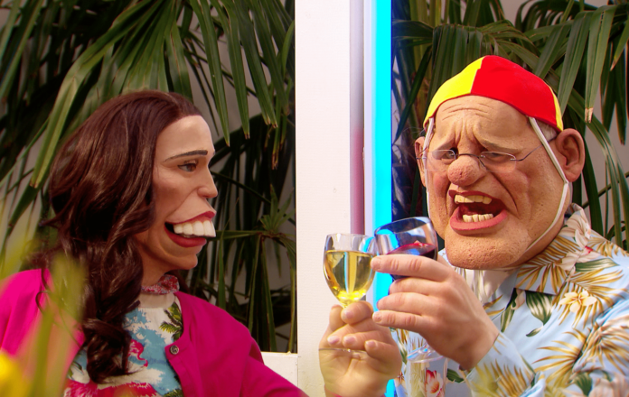 Puppets Jacinda and ScoMo share a toast on Spitting Image (image - BritBox)