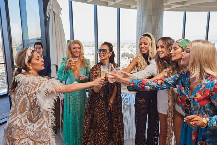 Clinky, clinky...the ladies celebrate Anjali's housewarming pool party on THE REAL HOUSEWIVES OF MELBOURNE (image - Narelle Portainer/Foxtel)