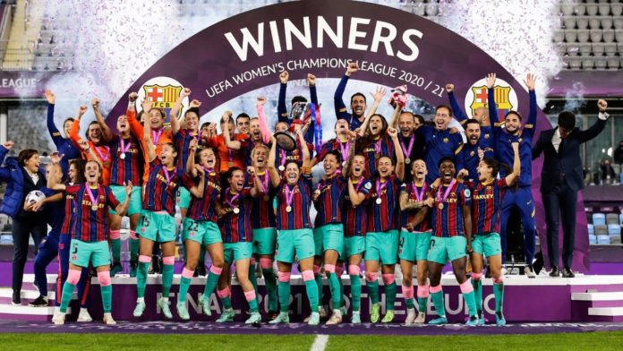 Barcelona after their 2020/2021 win at the UEFA Women's Champions League (image - FC Barcelona YouTube channel)