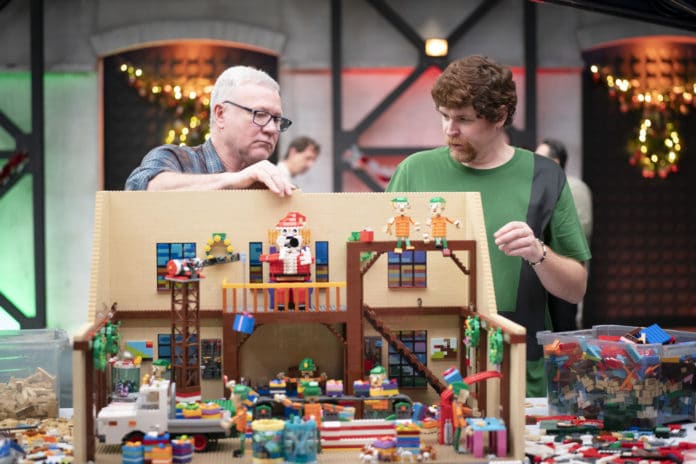 Scott Cam and Jay hard at work on their creation for LEGO MASTERS AUSTRALIA BRICKSMAS (image - Nine)