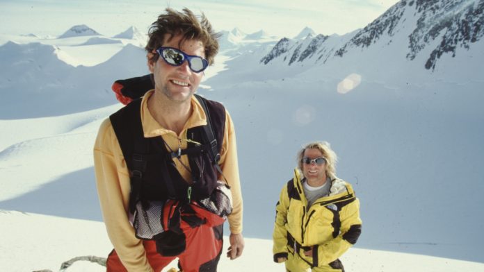 Conrad Anker (R) and Alex Lowe on peak of Mt Evans, Ellsworth Mountains, Antarctica Austral (image - Gordon Wiltsie)