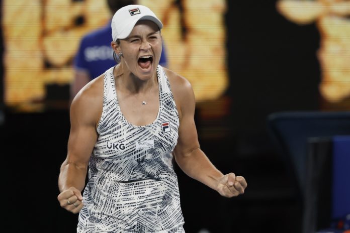 Ash Barty celebrates her win at the 2022 AUSTRALIAN OPEN (image - Nine)