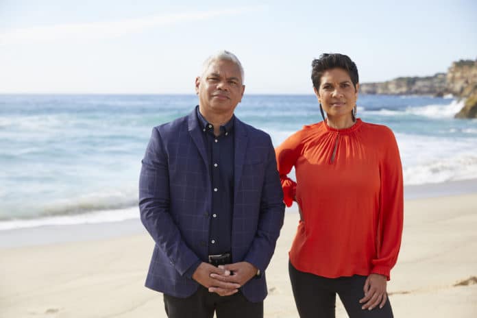 Narelda Jacobs and John Paul Janke host the Sunrise Ceremony for NITV and SBS (image - SBS)