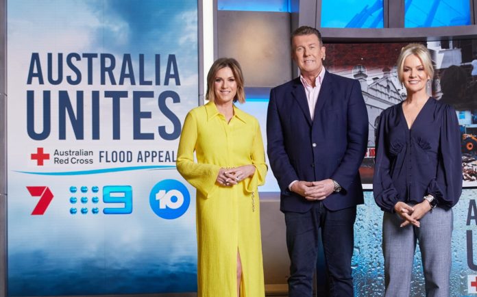 Australia Unites - Kylie Gillies, Peter Overton and Sandra Sully (image - Channel 9)