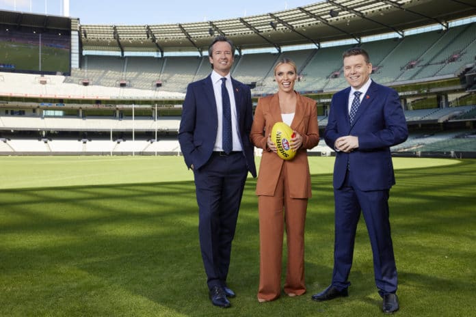 Hamish McLachlan, Abbey Holmes and Jason Bennett are part of Seven's AFL and AFLW coverage (image - Seven)