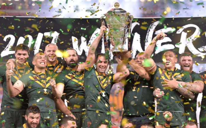 Australia celebrating victory at the 2017 Rugby League World Cup (image - ABC)