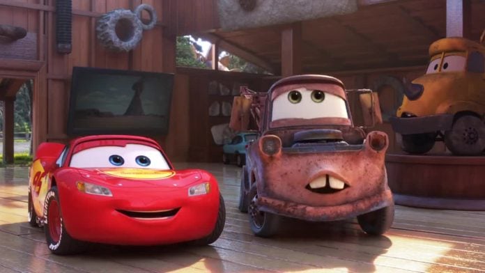 CARS ON THE ROAD reunites fan-favourite characters Lightning McQueen, voiced by Owen Wilson, and Mater, voiced by Larry the Cable Guy (image - Disney+)