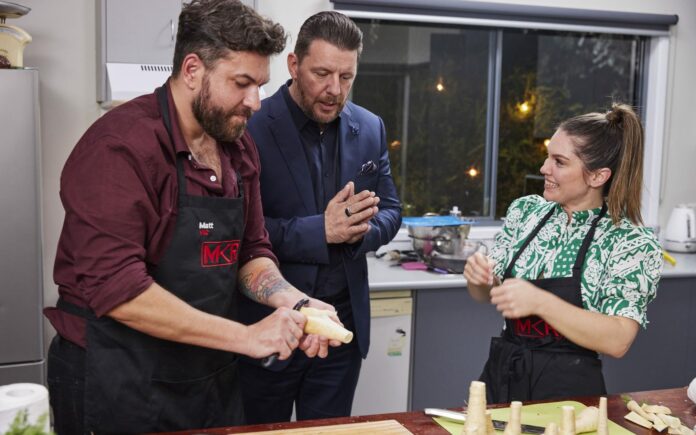 Matt and KT with judge Manu Feildel - MKR (image - Channel 7)