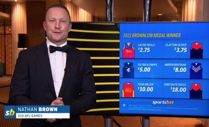 Nathan Brown presents a Sportsbet ad during the Brownlow (image - Daily Mail)