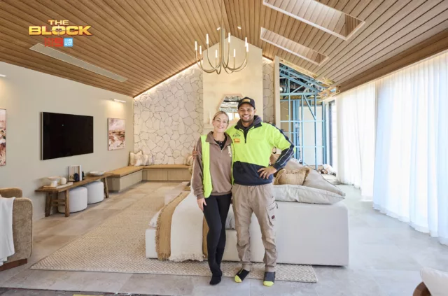 Britt and Taz continued their strong form, unveiling an elegant, country-inspired space that balanced warmth with modern design but left judges debating furniture placement. (These images were originally published on nine.com.au/TheBlock.)